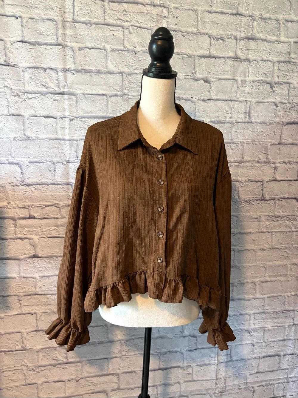 SHEIN Brown Ruffle-Hem Button Down Shirt